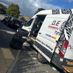 D.E Emergency Tyres van with new tyres ready for roadside tyre replacement